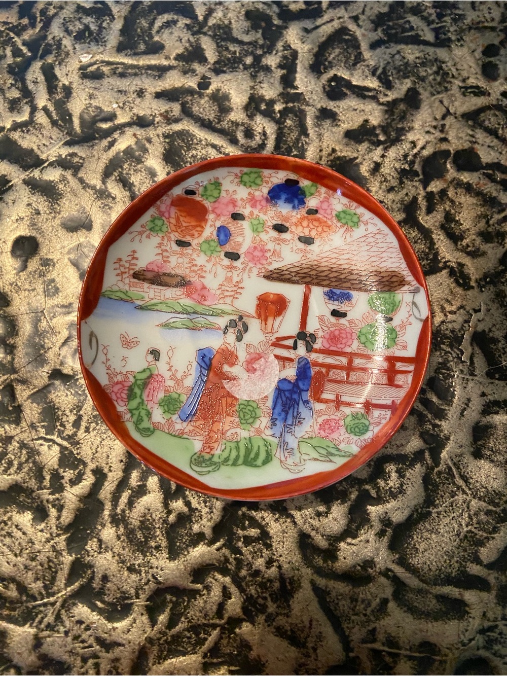 Hand-Painted Decorative Porcelain Plate in Red, Blue, Green